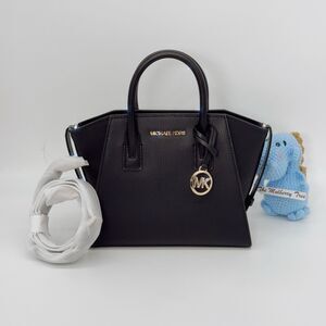 Michael Kors Avril Small Black Gold Pebble Leather Top Handle Satchel Crossbody